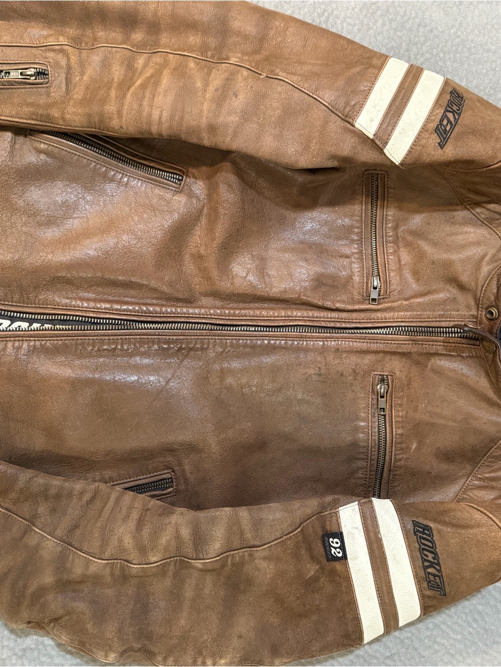 Joe Rocket Brown Leather Performance Jacket with Cream Stripes